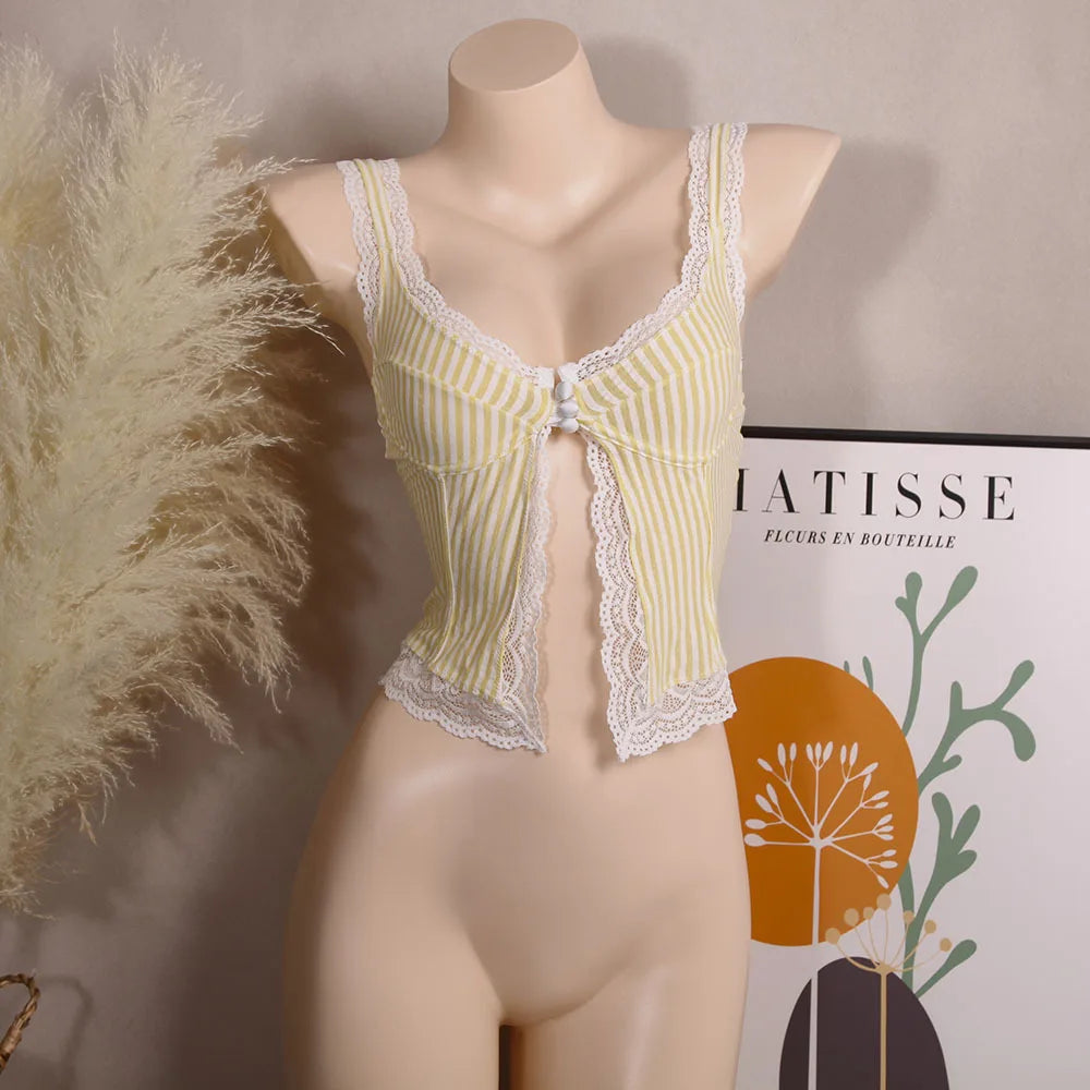 Striped Lace Trim V-Neck Slim Fit Camisole Top for Women