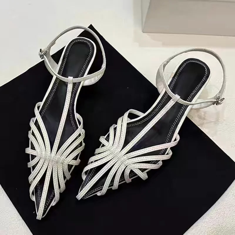 Narrow Band Pointed Toe Kitten Heel Sandals for Women