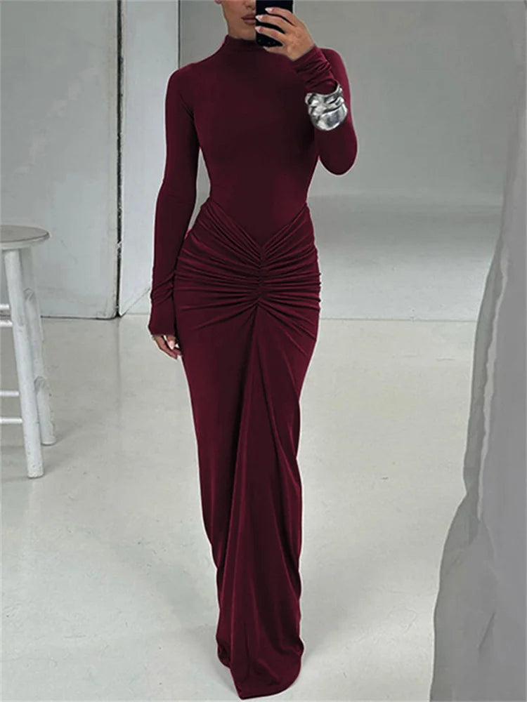 Shirred High Neck Long Sleeve Maxi Dress for Women