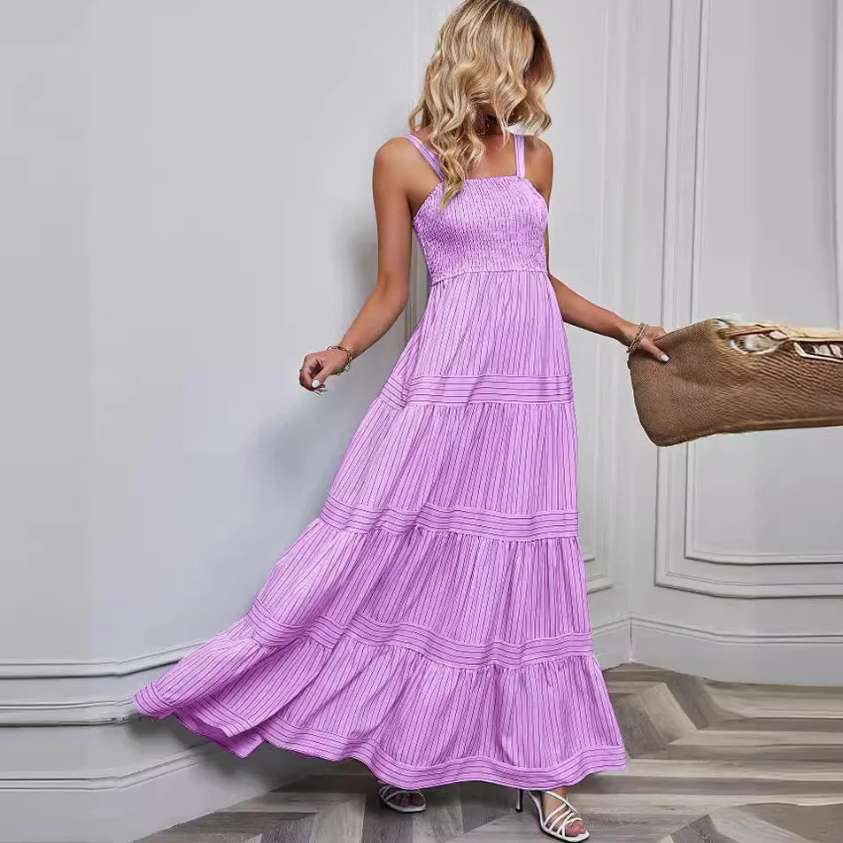 Elegant Striped Spaghetti Strap Maxi Dress for Women
