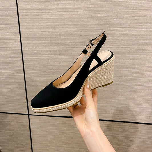 Strappy Apricot Suede Wedge Sandals