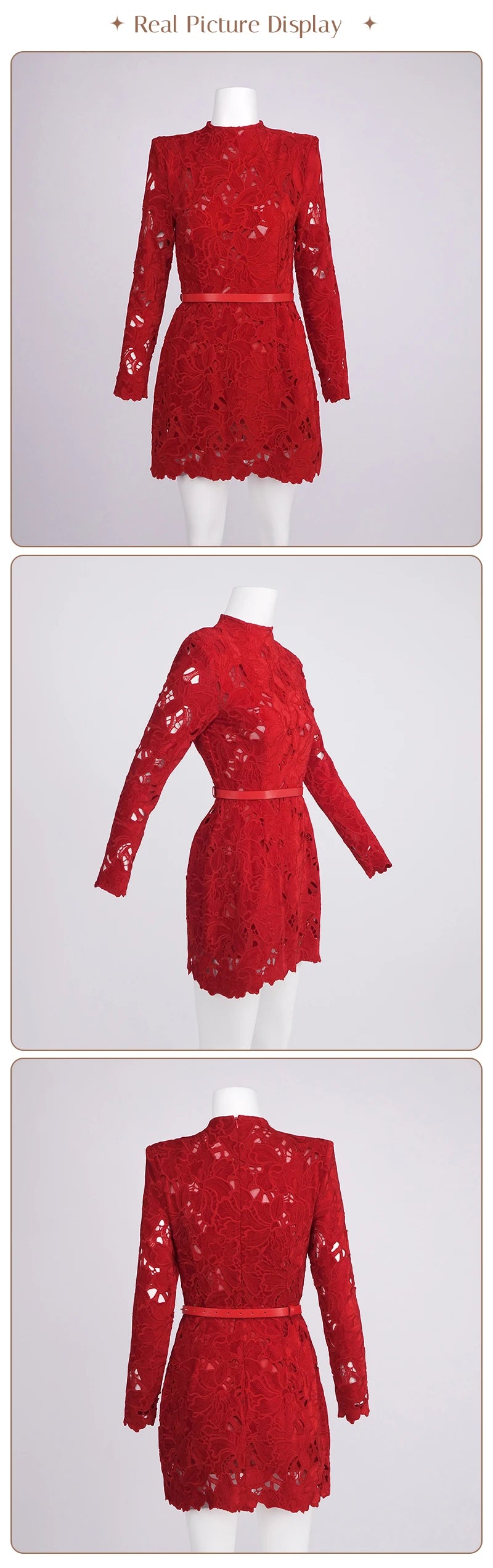 Retro Glamour Red Lace Waist-Cinched Mini Dress for Women