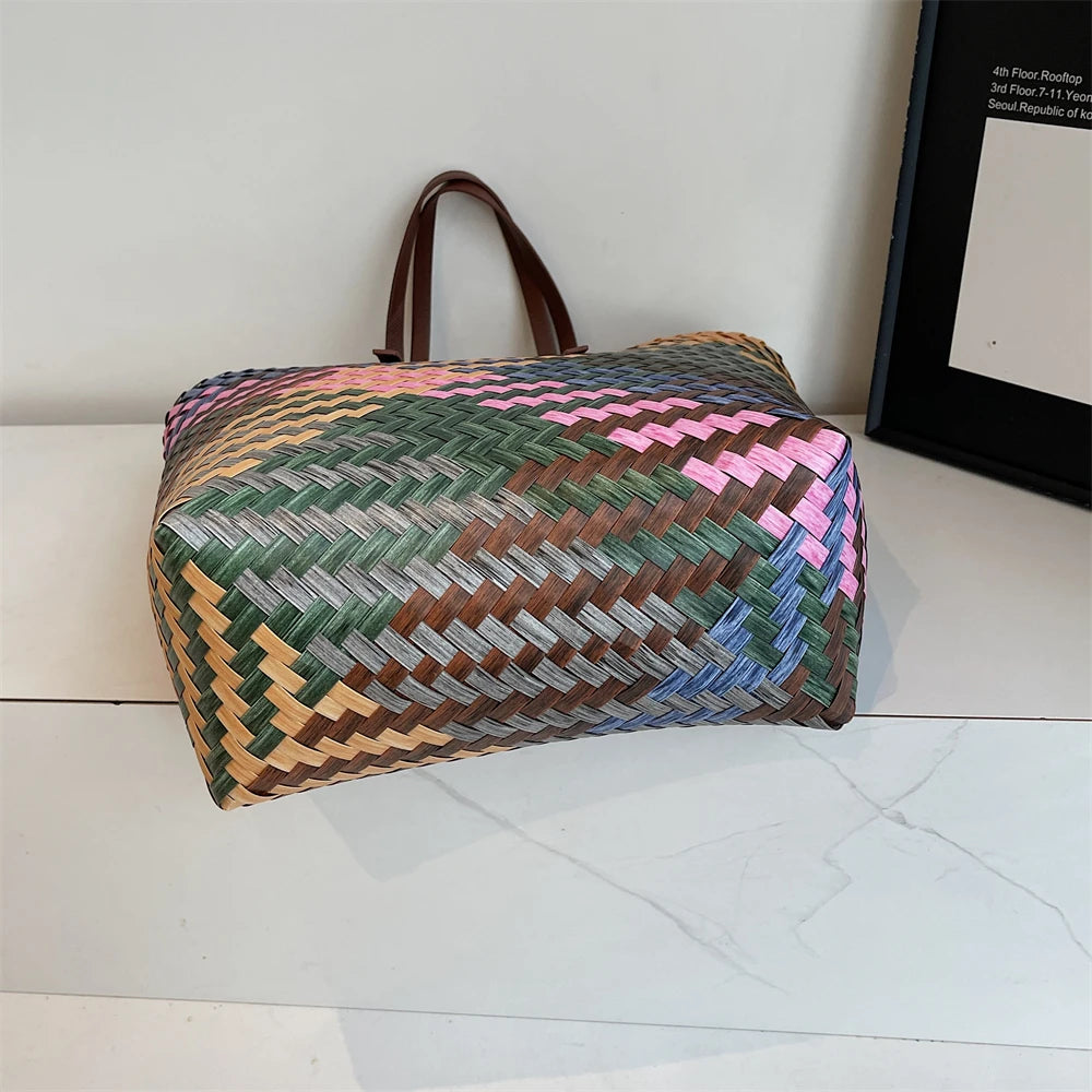 Colorful Braided PVC Tote Bag for Women With Large Capacity
