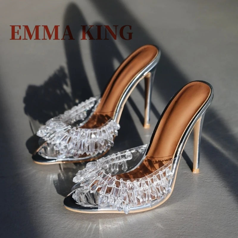 Clear PVC High Heel Beaded Open Toe Mules for Women