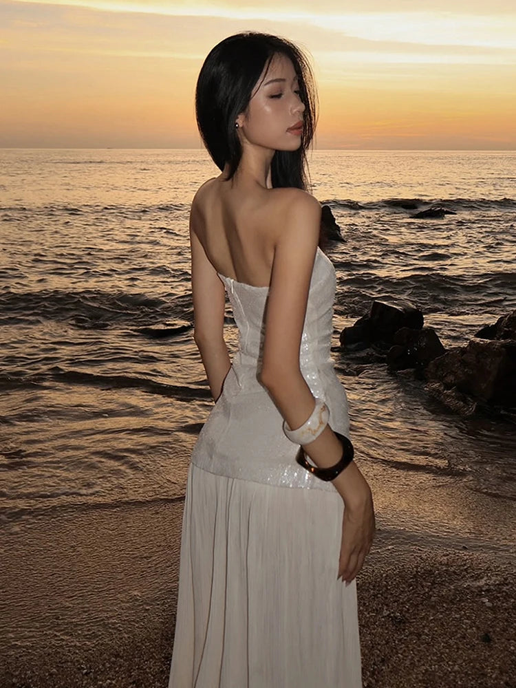 SIsterlinda Fashion Chic Sequin Dress Women Sexy Sleeveless Patchwork Zipper Beach Vacation Birthday Party Club Stretch Bodycon