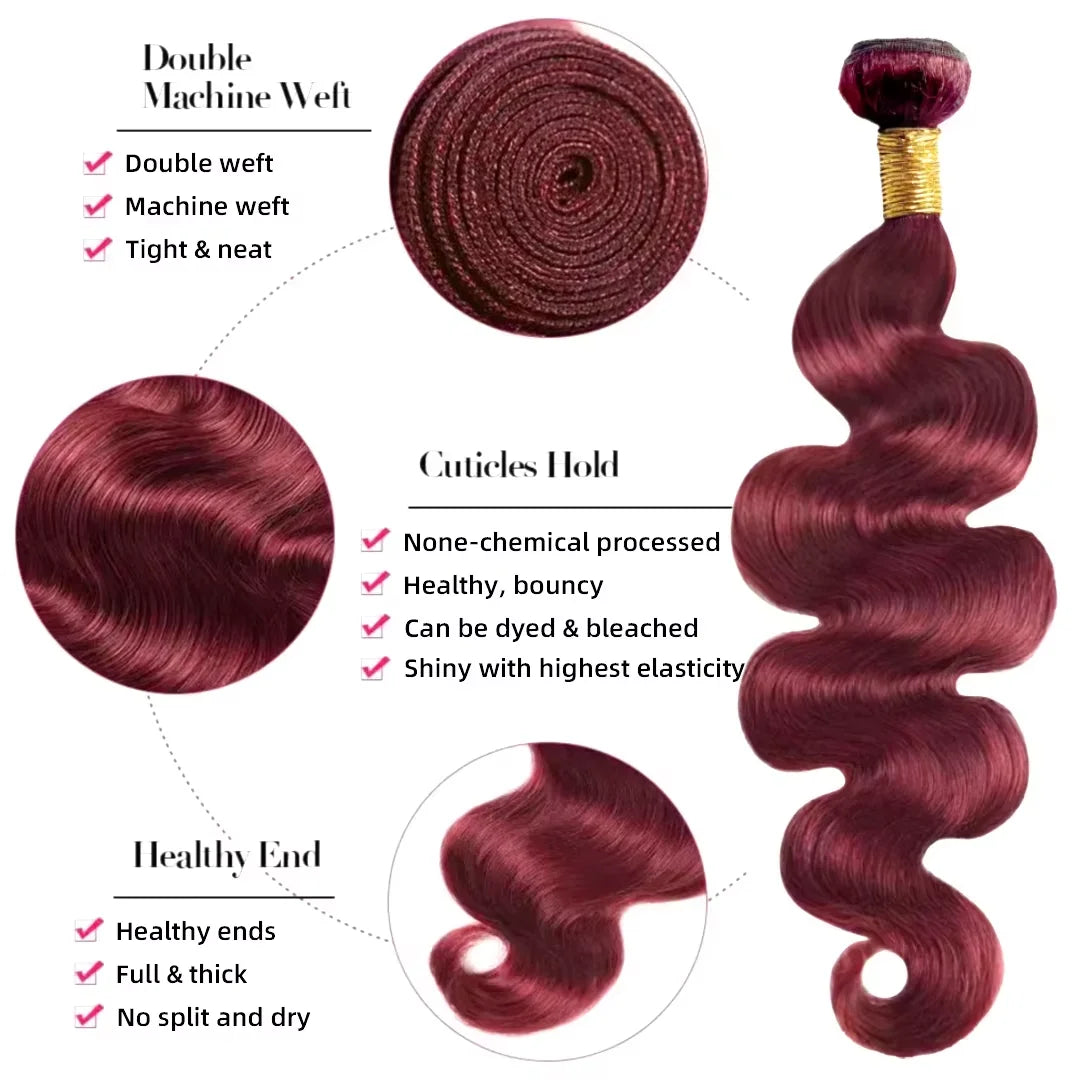 Burgundy Remy Body Wave Human Hair Bundles for Women