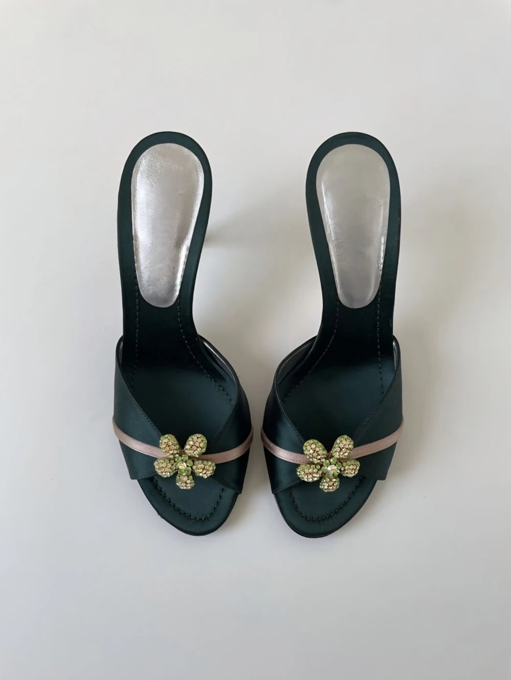 Retro Dark Green Satin Peep Toe Heels