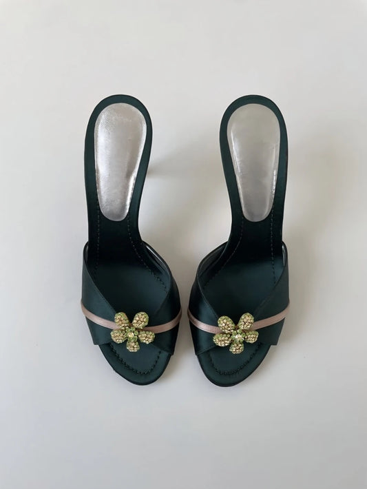 Retro Dark Green Satin Peep Toe Heels