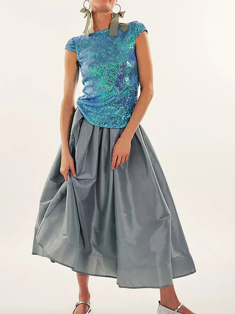 Gleaming Sequined O-Neck Backless Club Top for Women