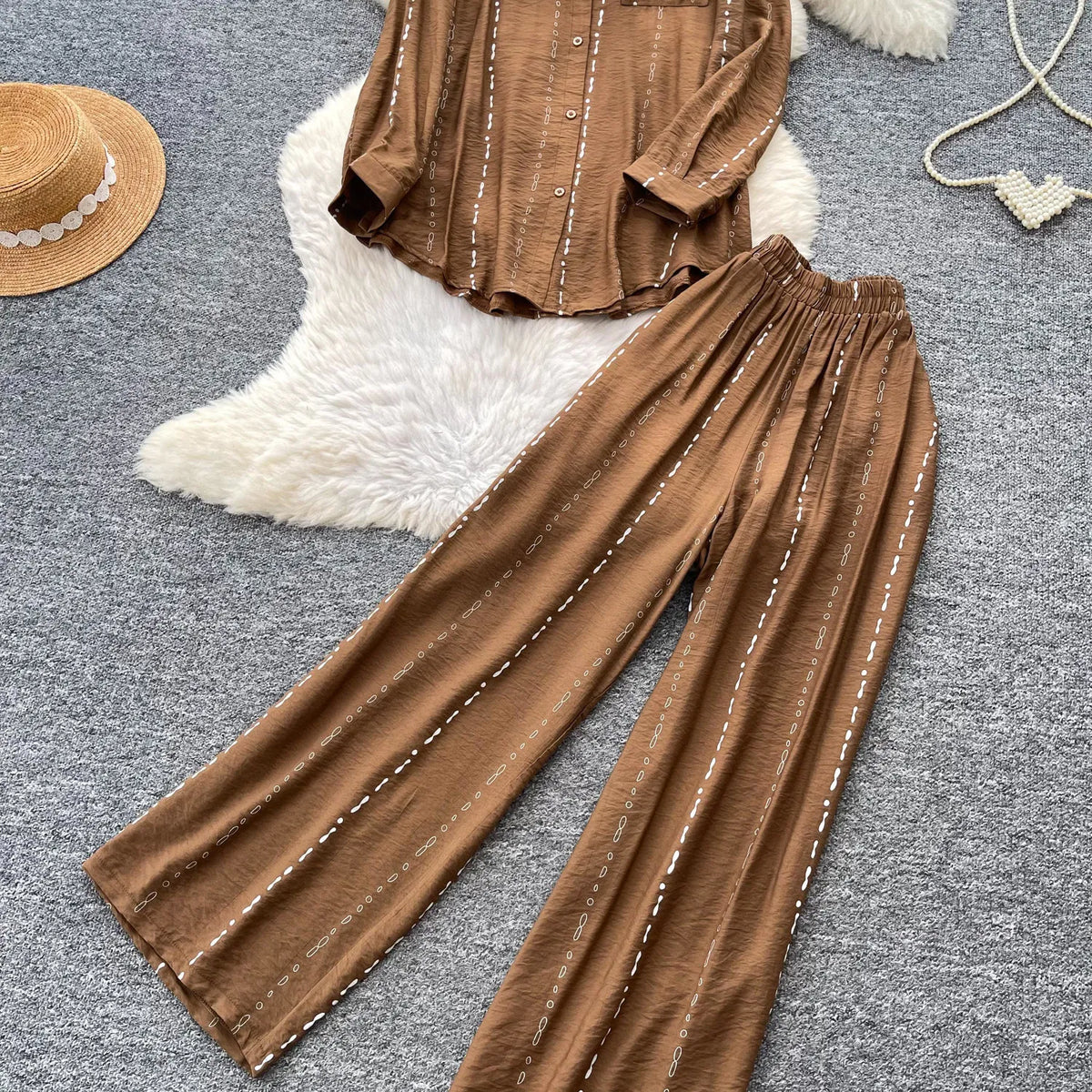 Collared Shirt and Wide Leg Pants Set