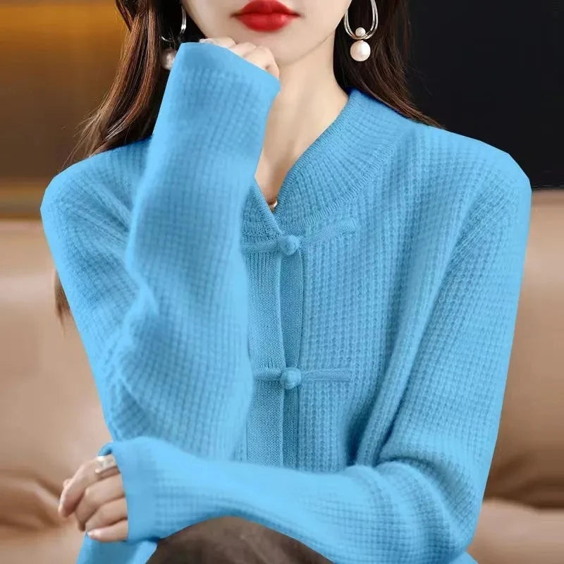 Vintage Knitted Cardigan Women's Thickened Half High Collar frog Loose Slim Sweater Coat Chinese Style Top Autumn And Winter N