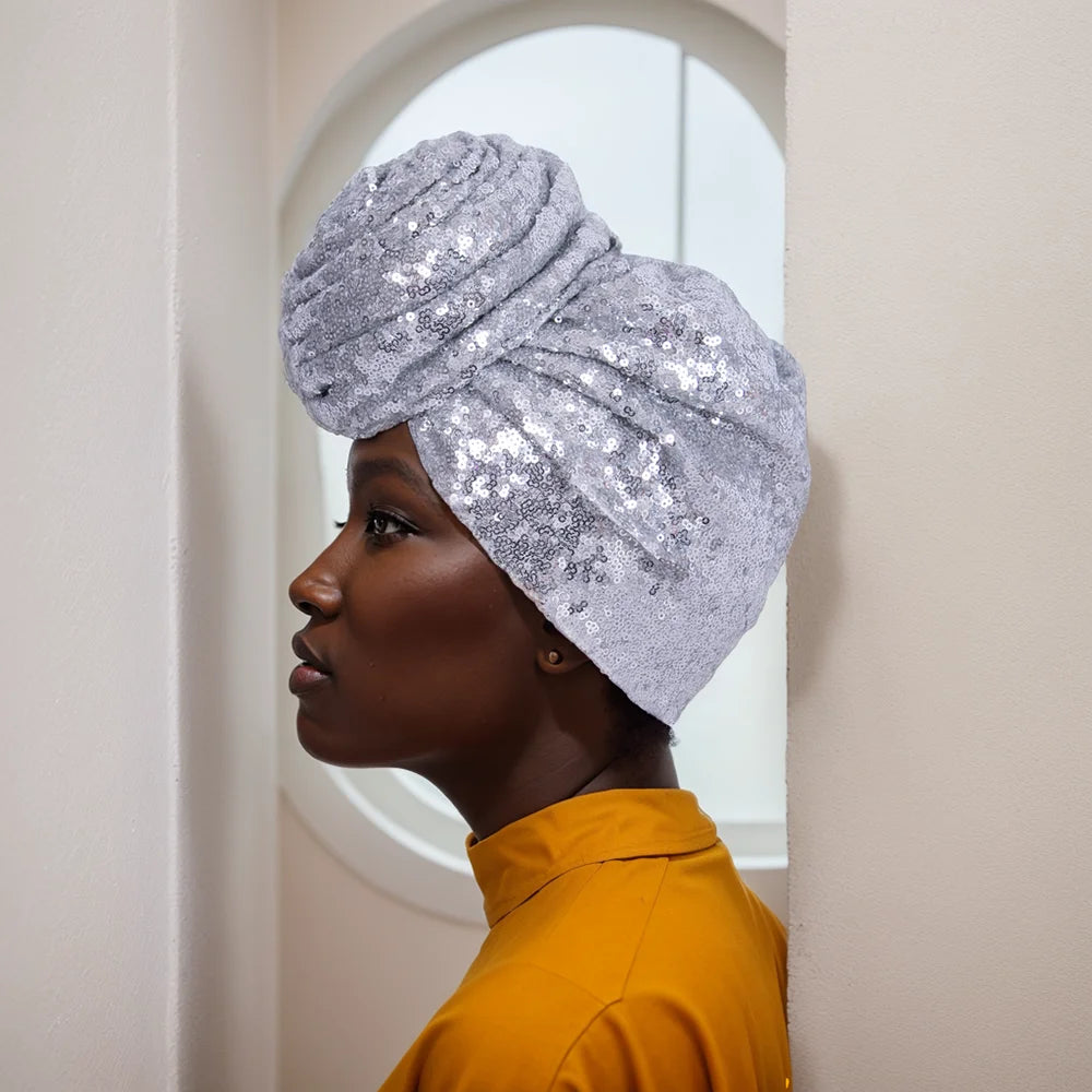 Gleaming Sequined African Print Head Wrap for Women