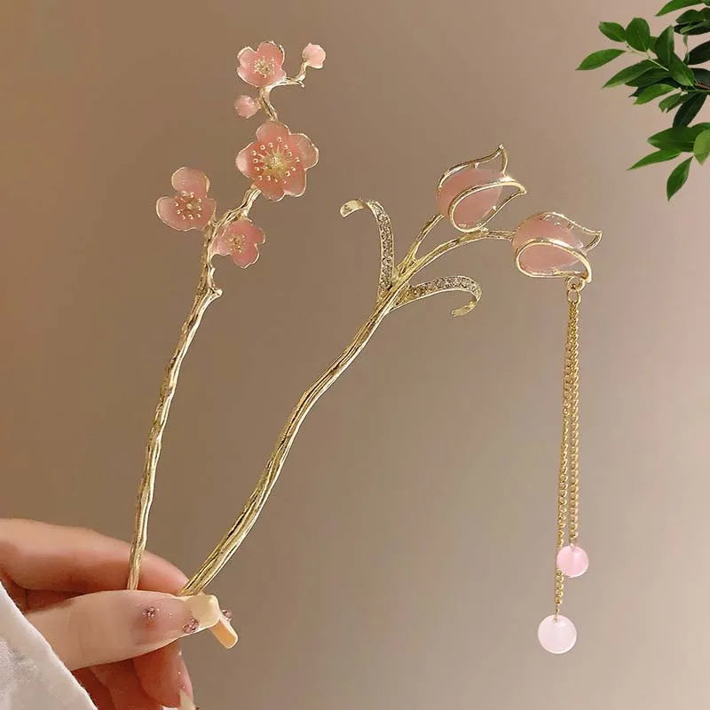 Floral Crystal Tassel Hair Sticks