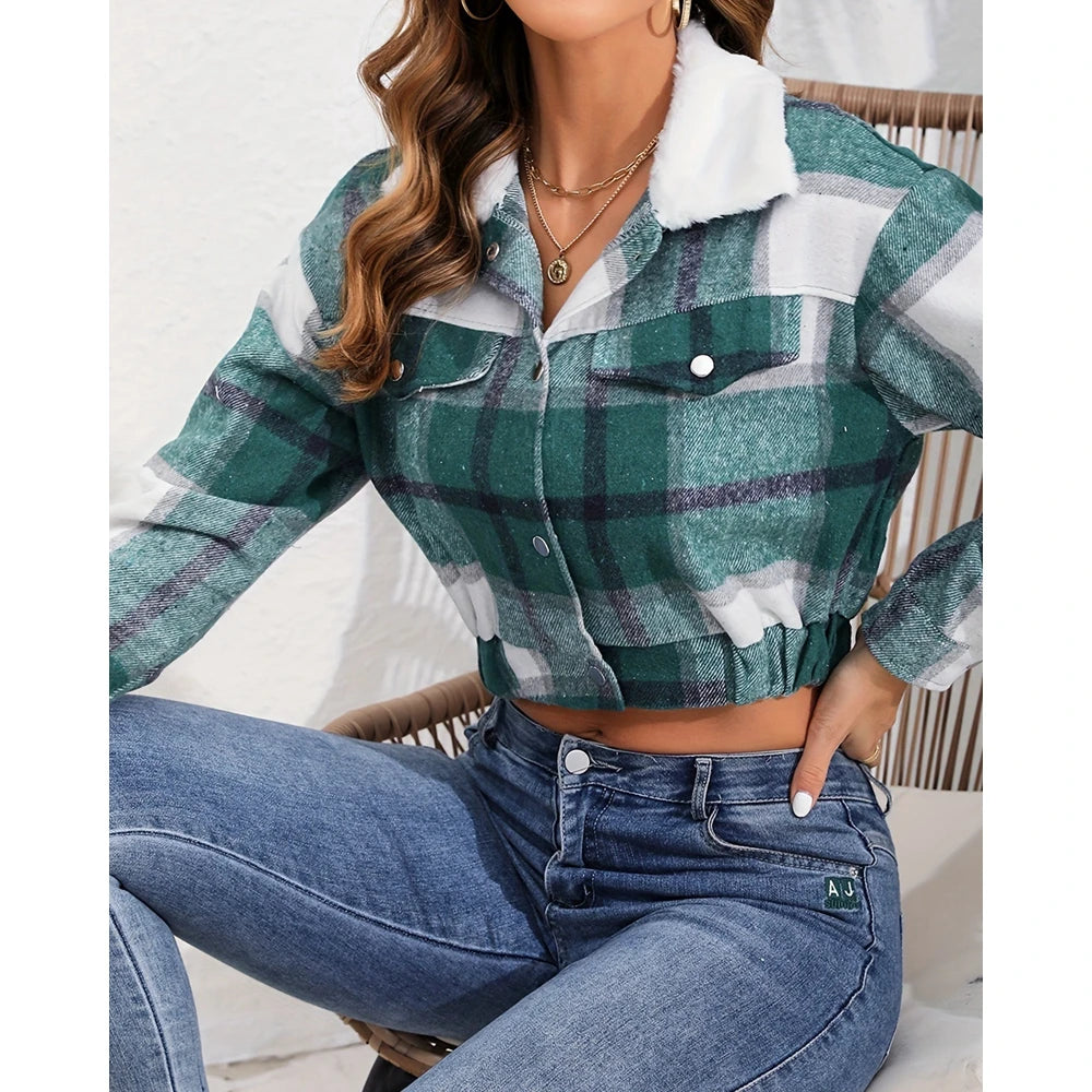 Women Fluffy Turn-down Collar Striped Print Covered Button Short Jackets Autumn Long Sleeve Coat Outfits Winter Clothing