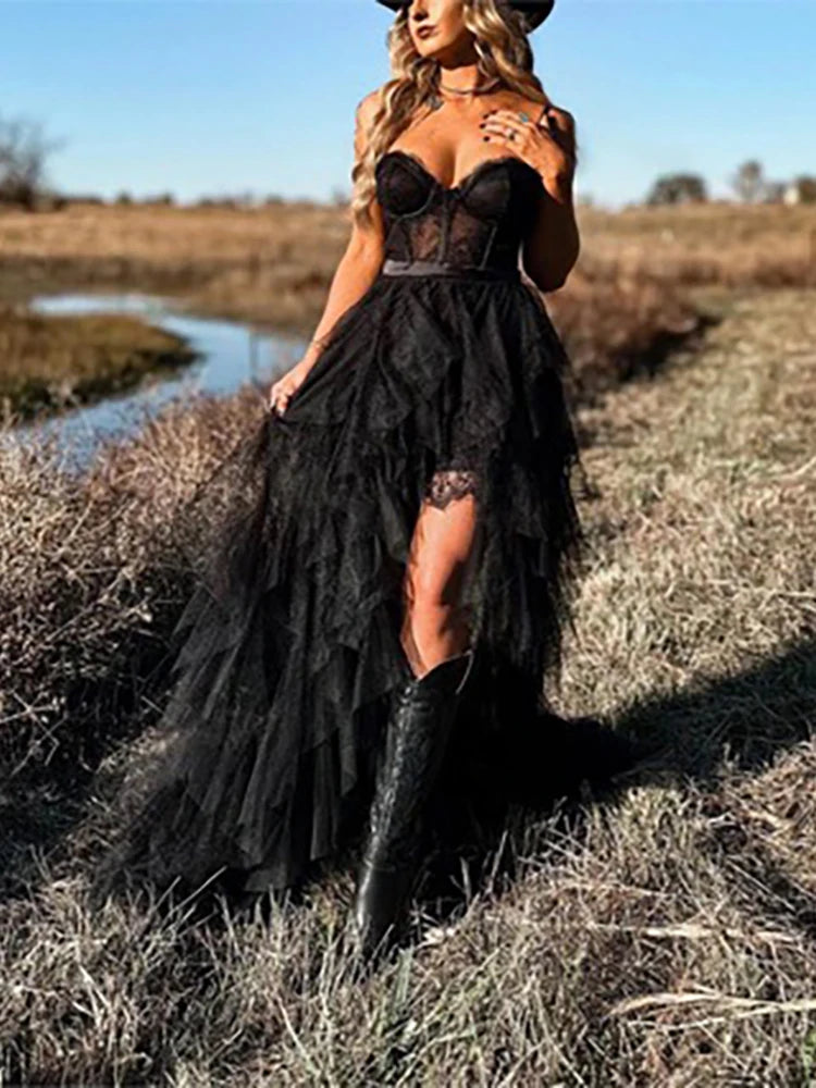 Elegant Strapless Sleeveless Long Dress Sexy Mesh Splicing Solid Color Evening Dress Women Fashion Hight Waist Slim Party Dress