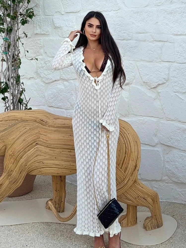 Sexy Frill Big V Neck Hollow Out Long Sleeve Maxi Dress Summer 2025 Feminine Swimwear Bikini Cover Up Women Holiday Outfits K221