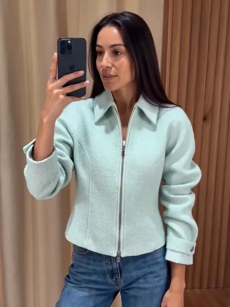 Chic Slim Fit Lapel Zipper Casual Short Coat for Women