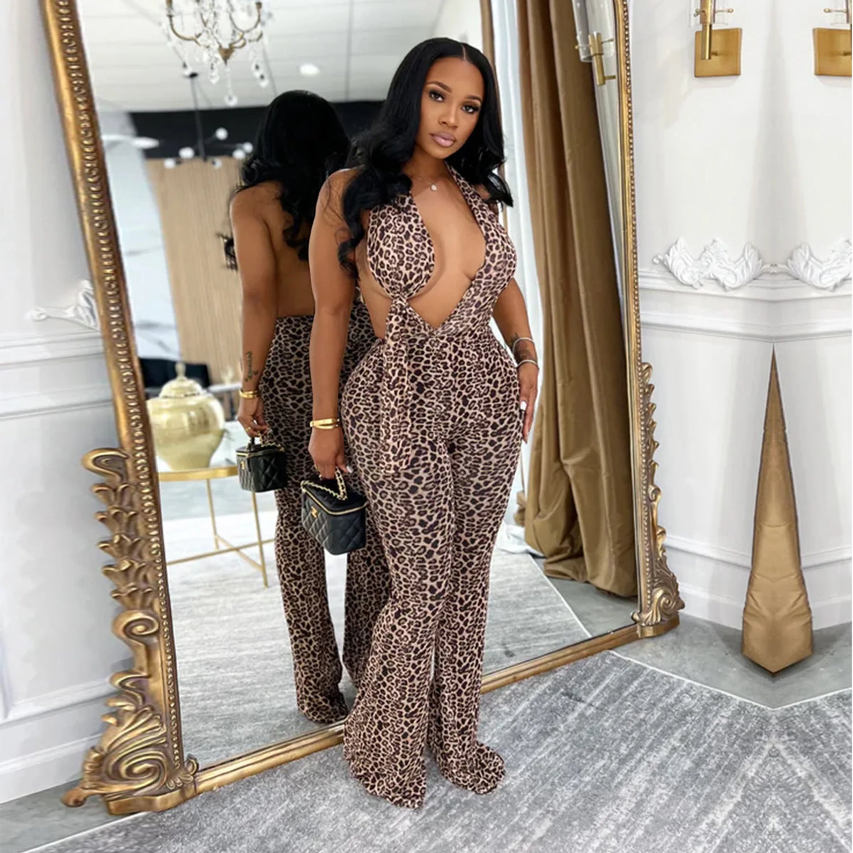 Leopard Print Halter Backless Bodycon Jumpsuit for Women