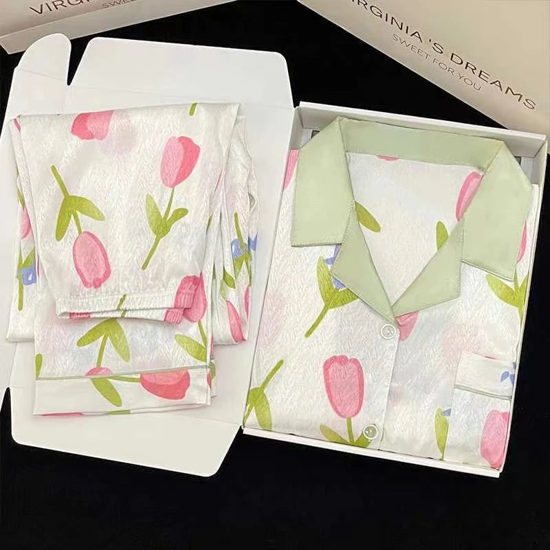 Flowers Twill Print Classy Women's Pajamas Spring Autumn Two-piece Sets Long Female Lounges Simulated Silk 2024 New Y2k Homewear