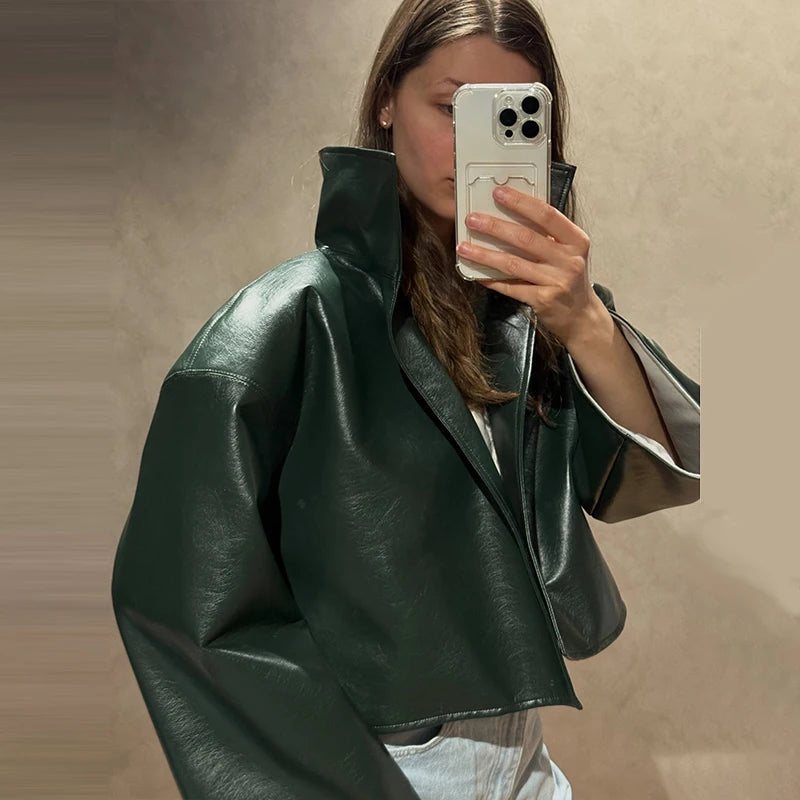 Vintage Cinched Waist Zipper Faux Leather Jacket for Women