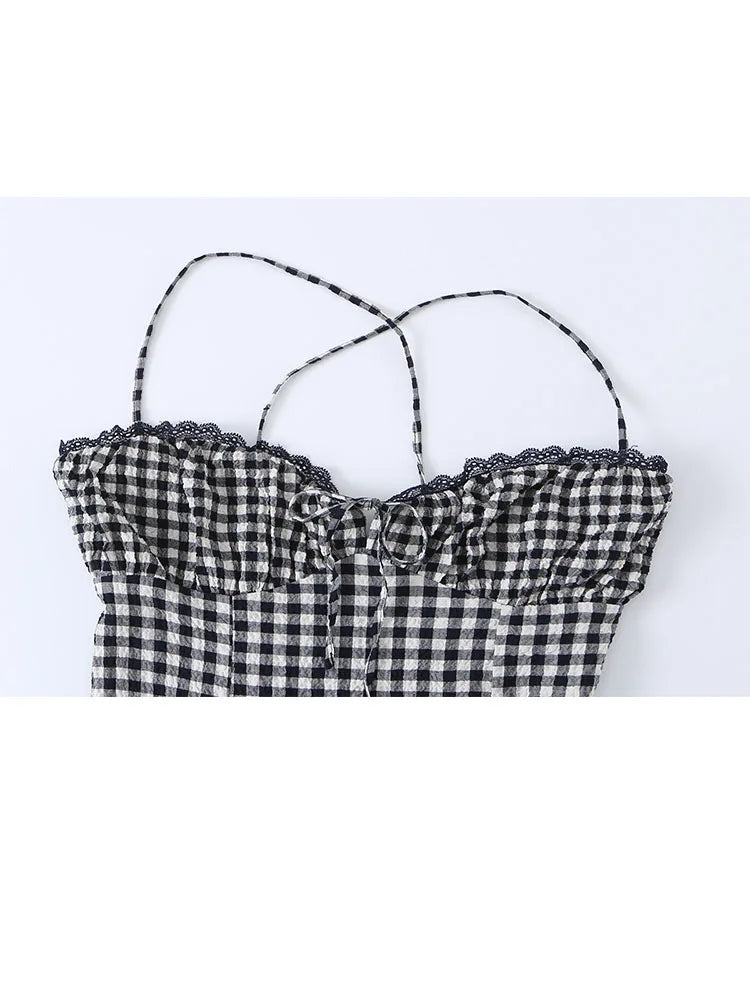 Gingham Lace Trim Spaghetti Strap Midi Dress for Women