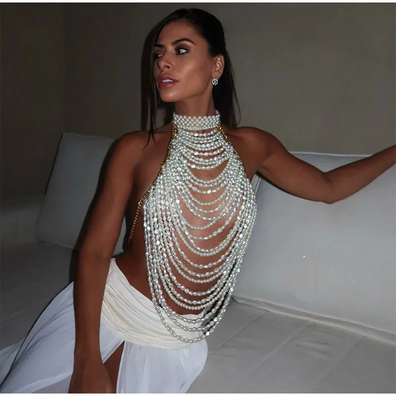 Elegant Pearl Halter Tank Top With Layered Chain Trim for Women