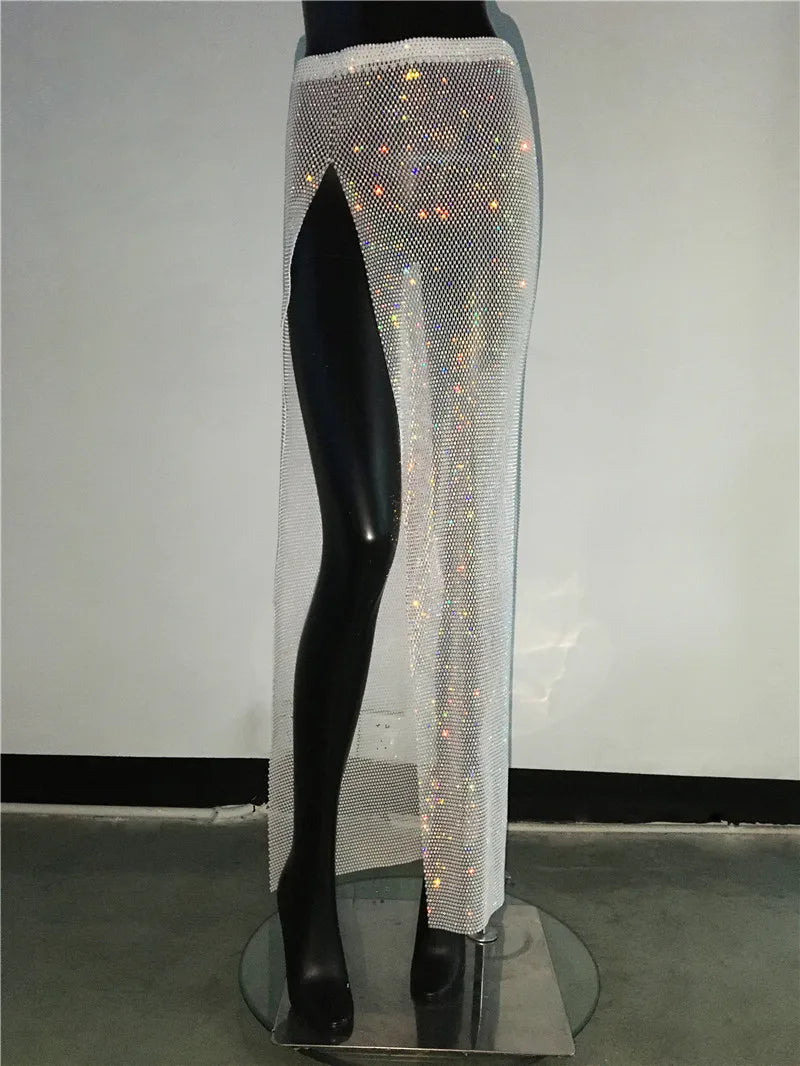 Glitter Rhinestone Long Fishnet Split Skirt for Women