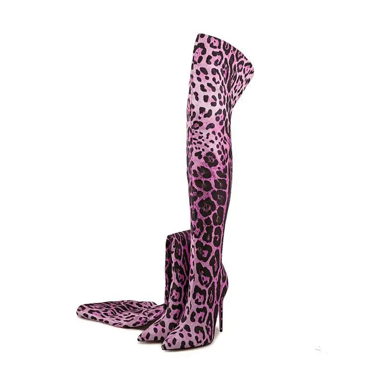 Purple Gradient Leopard Print Over-the-Knee Boots for Women