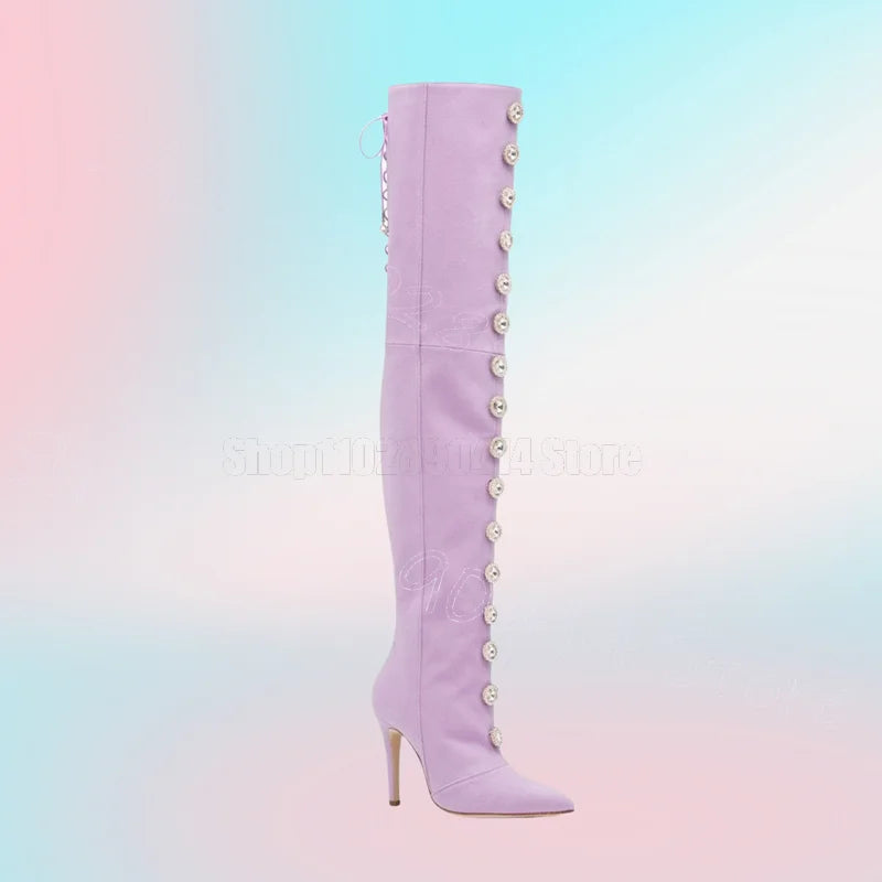 Purple Pointed Toe High Heel Boots With Back Zipper For Women