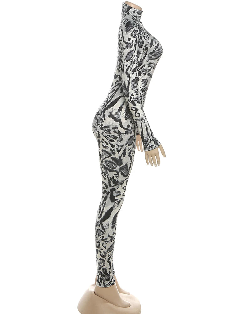 Leopard Print Turtleneck Slim Fit Jumpsuit for Women