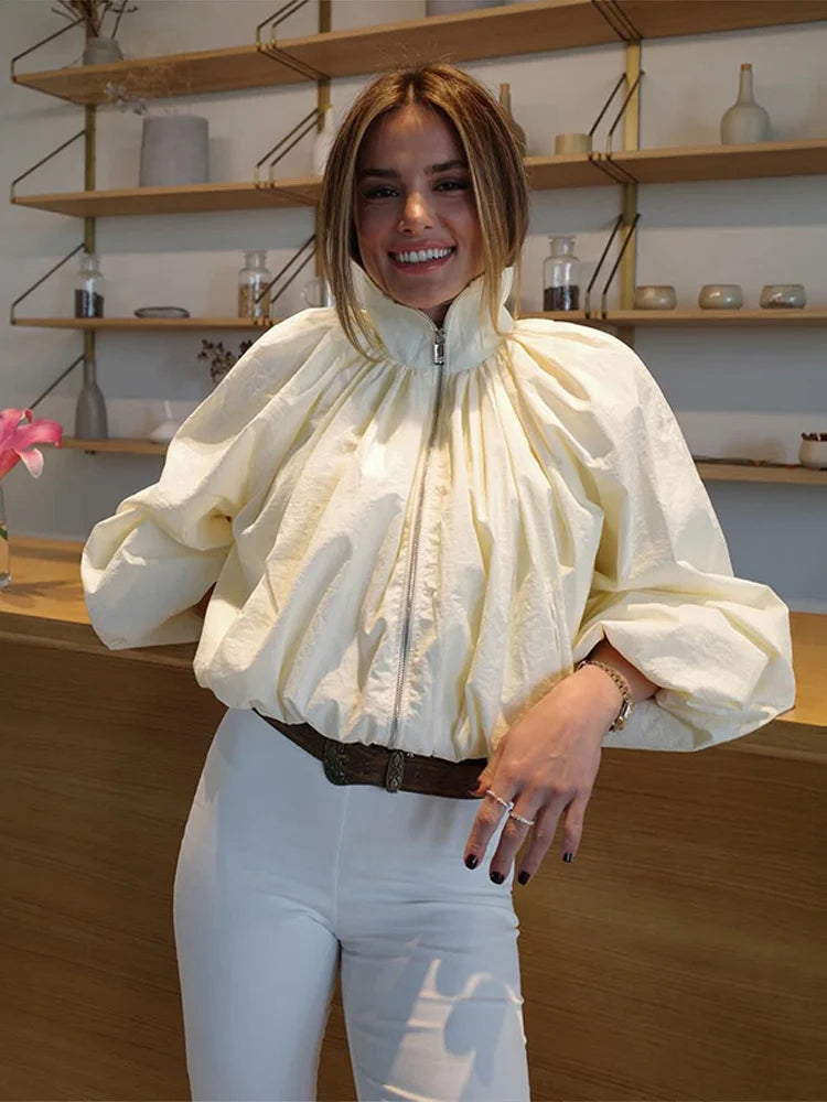 Zip Up High Neck Puff Sleeve Cropped Jacket For Women