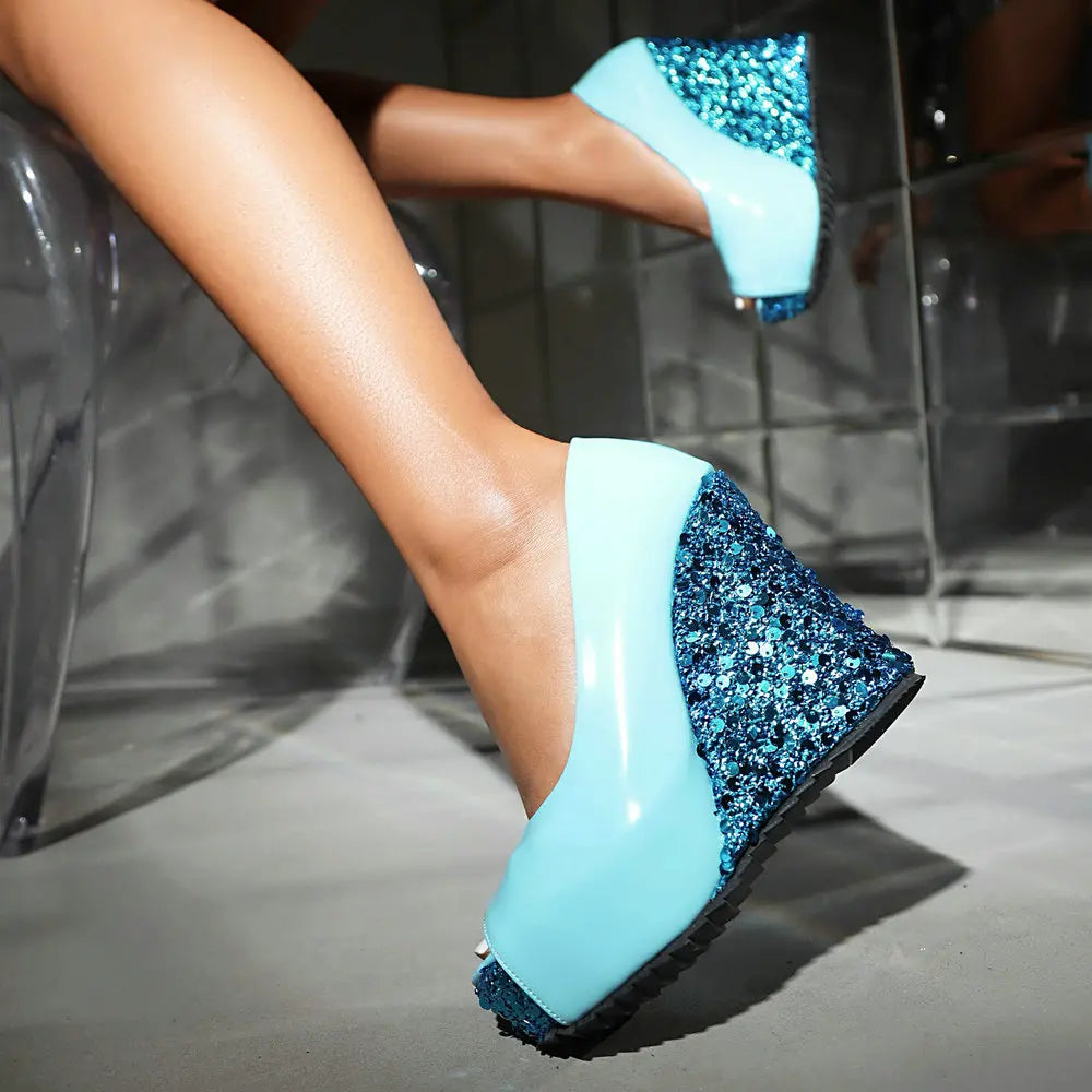 Sparkly Sequin Peep Toe Platform Wedge Sandals for Women
