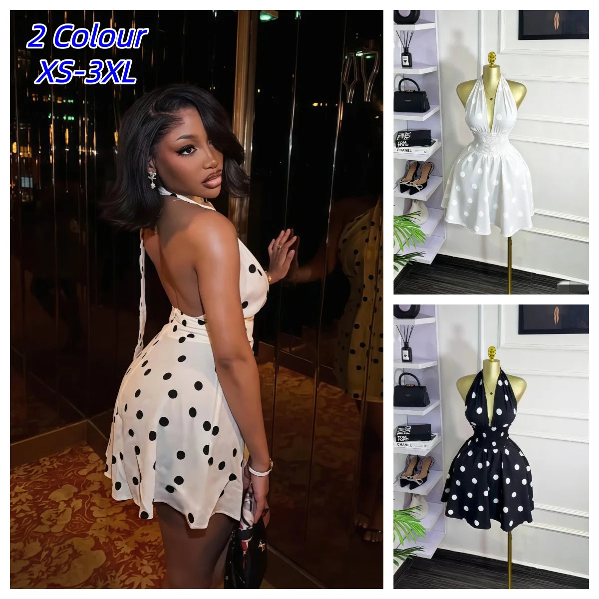 Retro Halter Neck Polka Dot Chiffon Mini Dress for Women