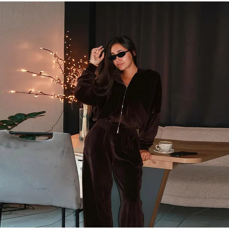Chic Casual Velvet Hoodie Coat and Pants Set for Women