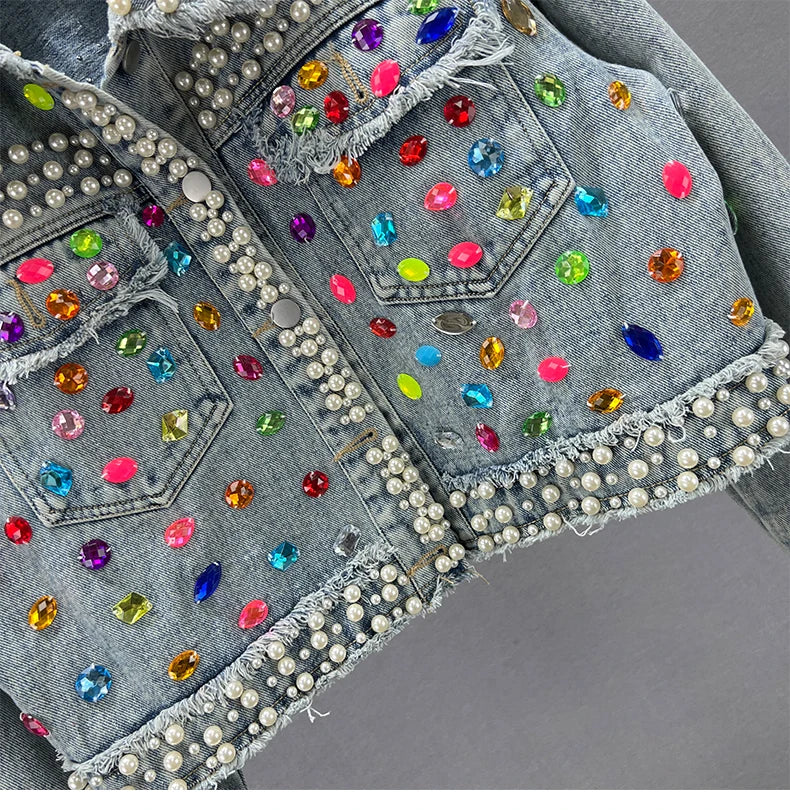 Rhinestone Studded Beaded Denim Lapel Jacket For Women