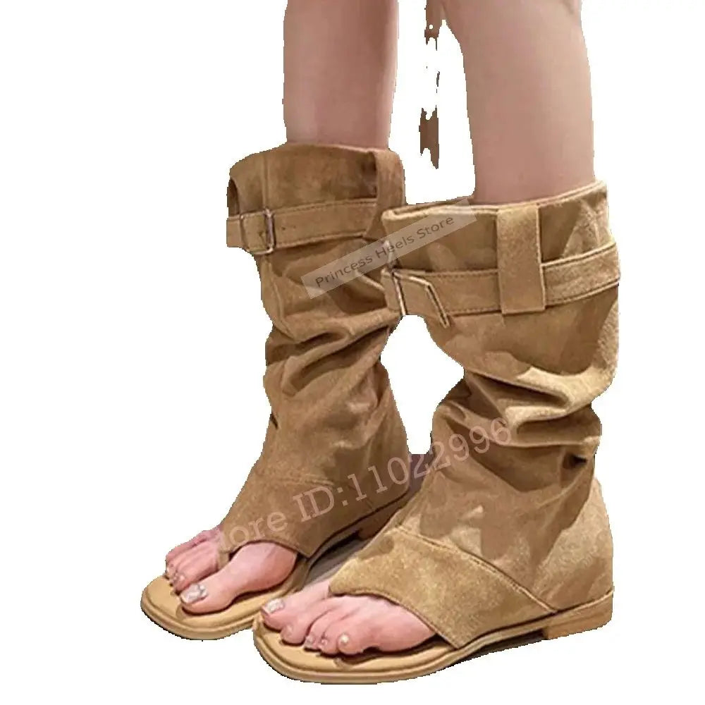 Flat Slip On Suede Straps Open Toe Mid Calf Boots for Women