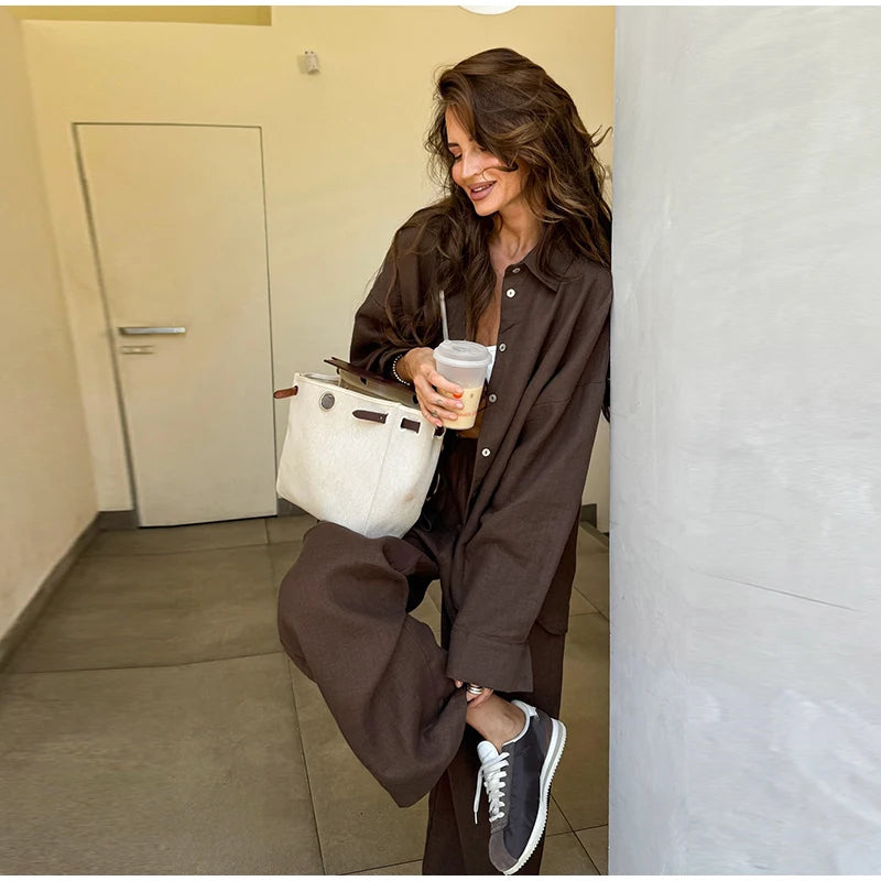 Casual Solid + Shirt and Wide Leg Pants Set + for Women