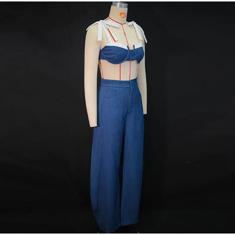 Striped Contrast Sleeveless Crop Top And Pants Set For Women
