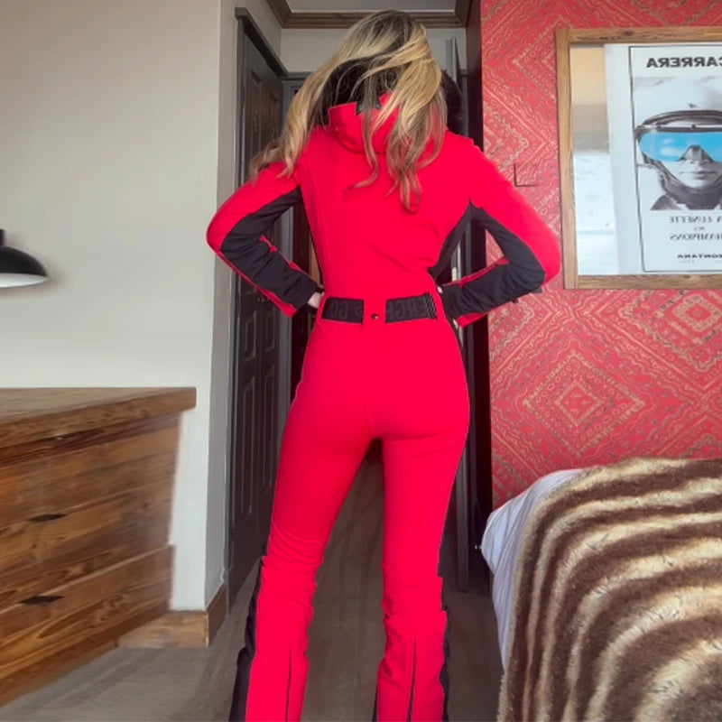 High Waist Full Zip Hooded Windproof Ski Jumpsuit For Women