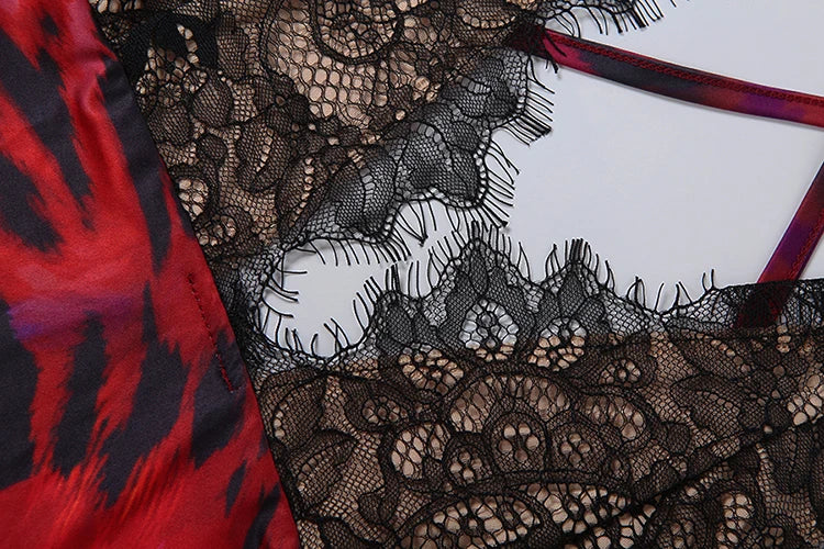 Cross Bandage Backless Sling Flower Print Lace Patchwork Dress for Women
