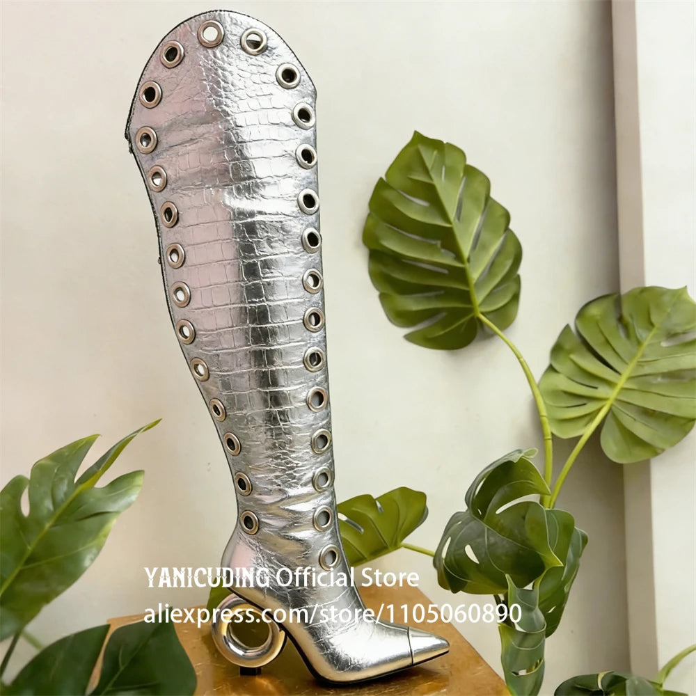 Metal Eyelet Pointed Toe Over The Knee Boots for Women