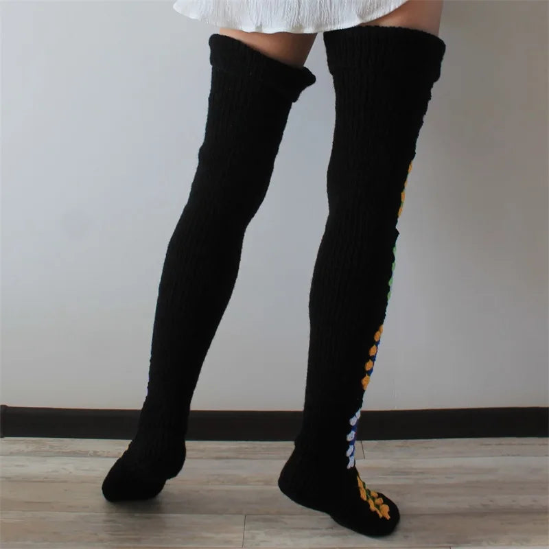 Ethnic Crochet Knit Autumn Winter Thigh High Socks for Women