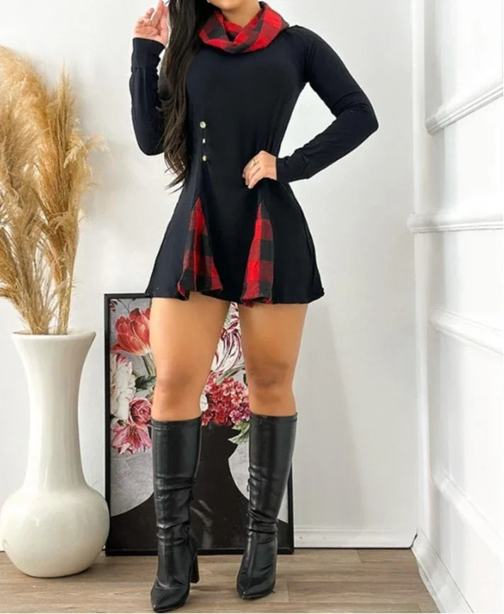 Mini Dresses for Women New Fashion Plaid Pattern Funnel Neck Long Sleeve Casual Temperament Elegant 2024 Autumn  A Line Dress