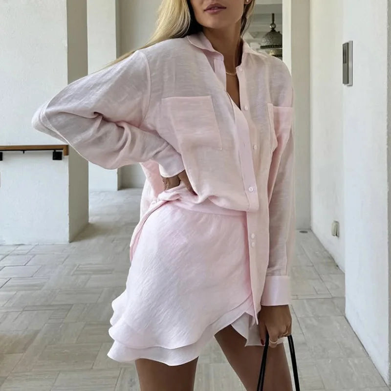 Casual Tie Up Mini Skirt Outfit 2025 Summer New Seaside Beach Sunscreen Suit Holiday Long Sleeve Single Breasted Shirt Women Set