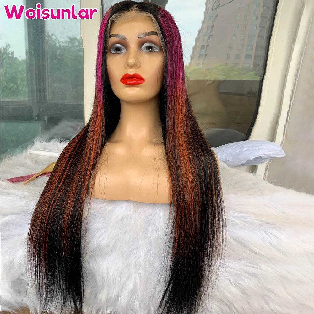 Highlight Pink Yellow and Black Lace Front Human Hair Wigs Straight 200% For Women 13x6 13x4 Transparent Lace Human Hair Wig 100