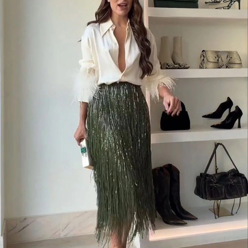 Fashion Lapel Button Shirt & Fringed Skirt Set Women Casual Long Sleeve Party Skirt Outfits Elegant Sequined Long Skirt 2Pc Suit