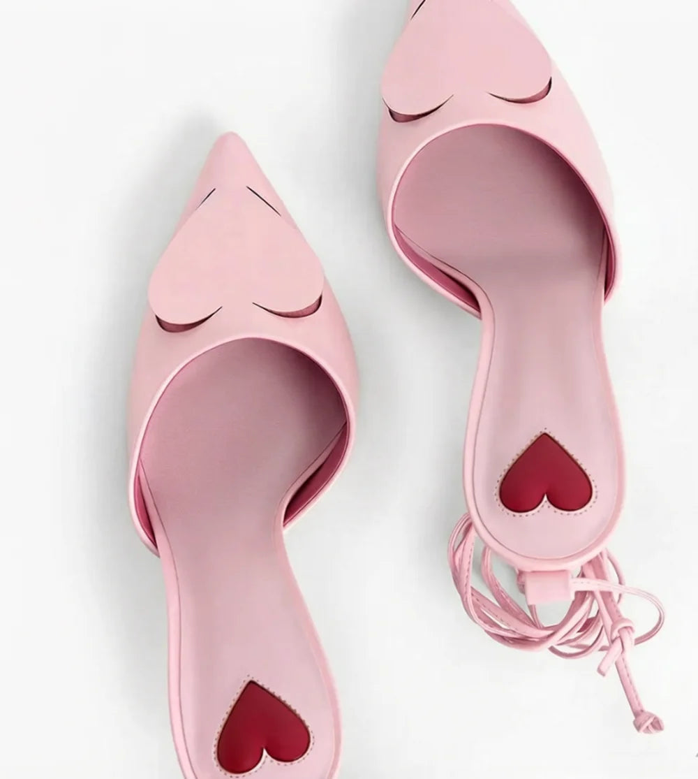 Red Heart Cutout Leather Pointed Pumps