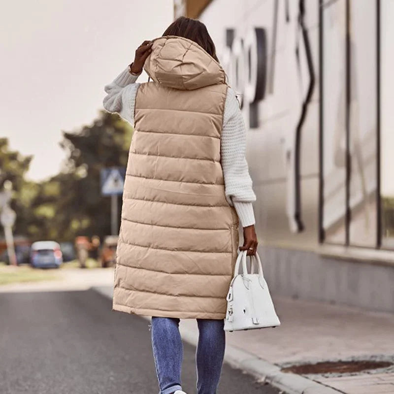 Warm Hooded Longline Sleeveless Vest Coat for Women