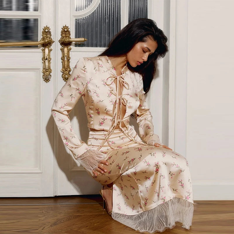 Hollow Out Lace Up Tassel Top and Skirt Set for Women