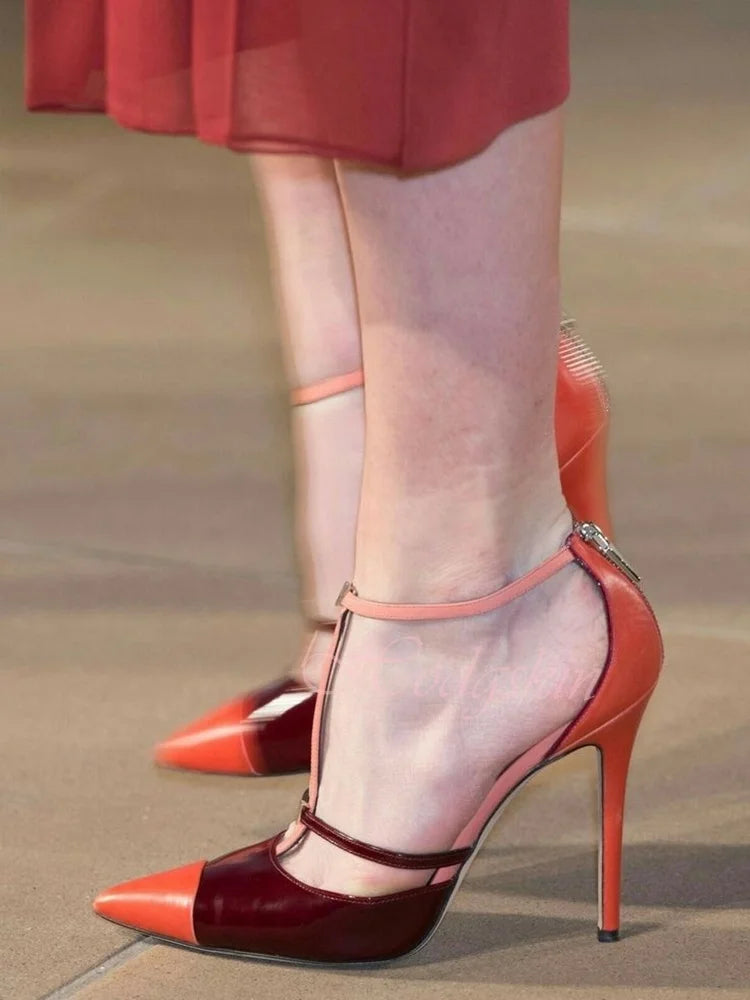 Pointed Toe Patchwork Leather Sandals With Buckle Straps for Women